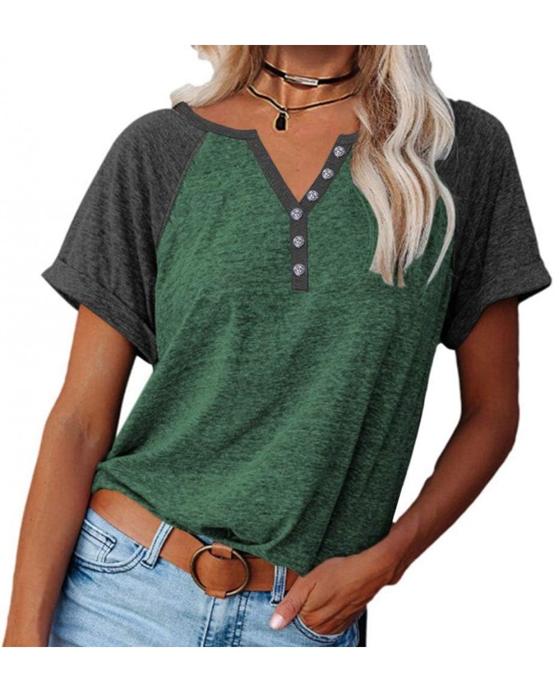 Womens V Neck Basic Tops Color Block Tunic T Shirts Summer Short Sleeve Casual Cotton Tees Shirts Z-green $12.49 Shoes