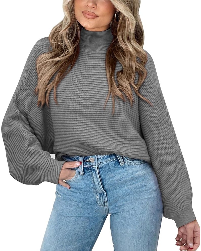 Womens Fall Fashion 2024 Cropped Sweater Batwing Sleeve Turtleneck Chunky Knit Pullover Y2k Casual Loose Tops Grey $25.37 Swe...