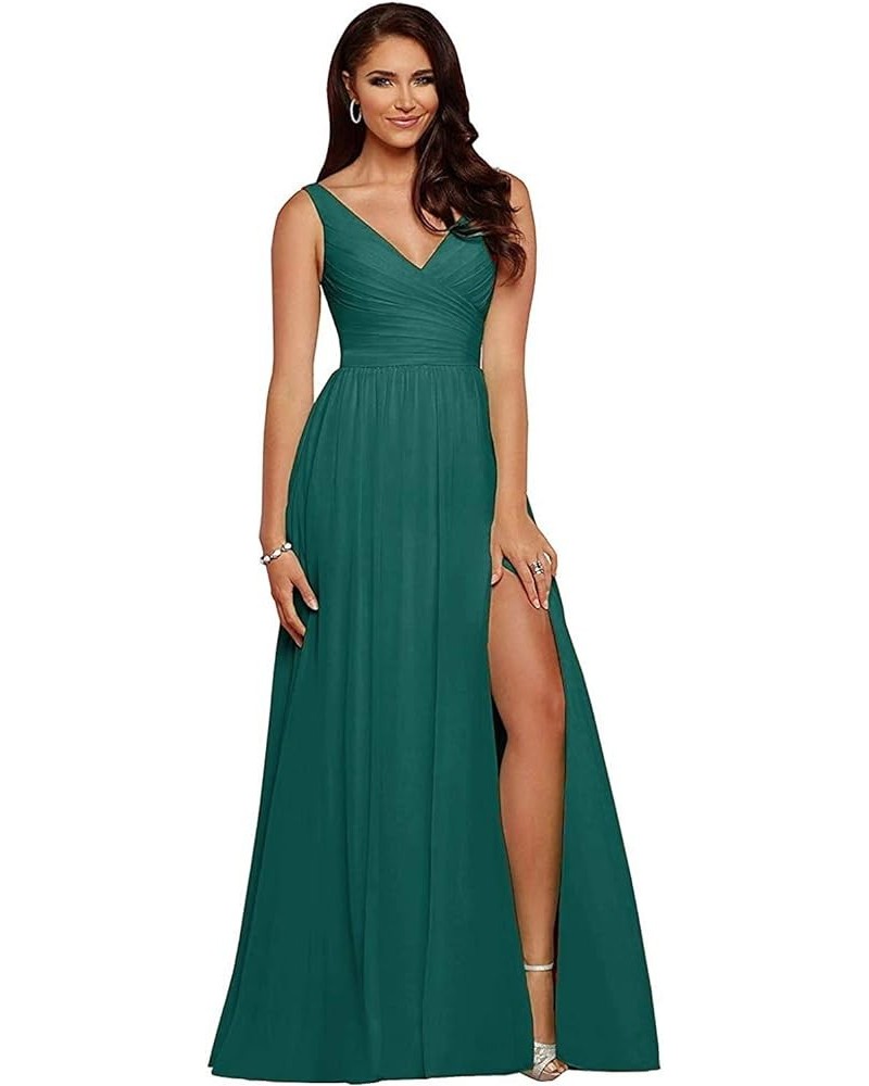 Women's V Neck Bridesmaid Dress with Slit,A Line Pleated Chiffon Formal Evening Prom Party Formal Gowns Peacock Blue $29.61 D...