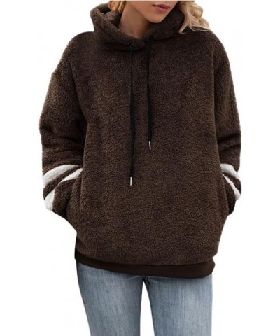 Women's Fuzzy Sweatshirts Sherpa Hooded Pullover Oversized Sweatshirt Pockets Fluffy Quarter Zip Hoodies Sweater Tops C-dark-...