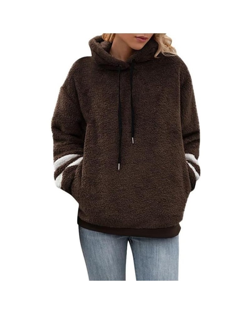 Women's Fuzzy Sweatshirts Sherpa Hooded Pullover Oversized Sweatshirt Pockets Fluffy Quarter Zip Hoodies Sweater Tops C-dark-...