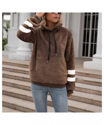 Women's Fuzzy Sweatshirts Sherpa Hooded Pullover Oversized Sweatshirt Pockets Fluffy Quarter Zip Hoodies Sweater Tops C-dark-...