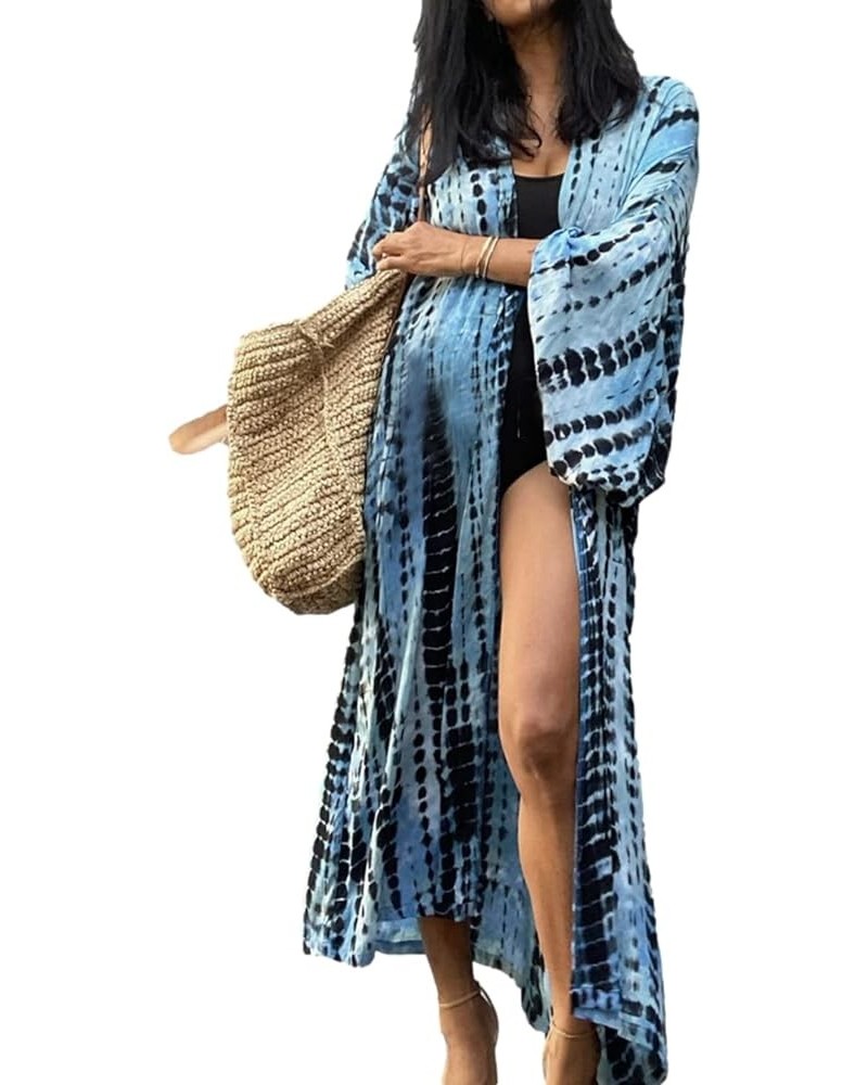 Tie Dye Kimono Swimsuit Cover up Open Front Long Loose Beach Cardigan with Belt Style2-cyan White $16.79 Swimsuits