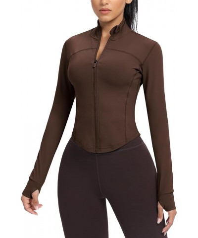 Women's Cropped Running Workout Jackets Zip Slim Fit Athletic Tops with Thumb Holes Roasted Brown $14.70 Jackets