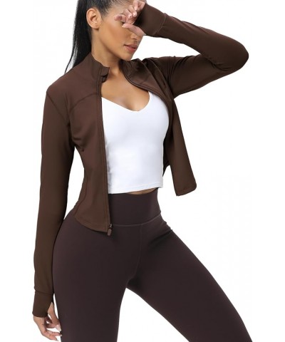 Women's Cropped Running Workout Jackets Zip Slim Fit Athletic Tops with Thumb Holes Roasted Brown $14.70 Jackets