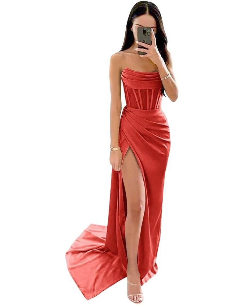 Long Cowl Neck Silk Satin Prom Dresses with High Slit 2024 Mermaid Formal Evening Party Gowns Red $35.09 Dresses