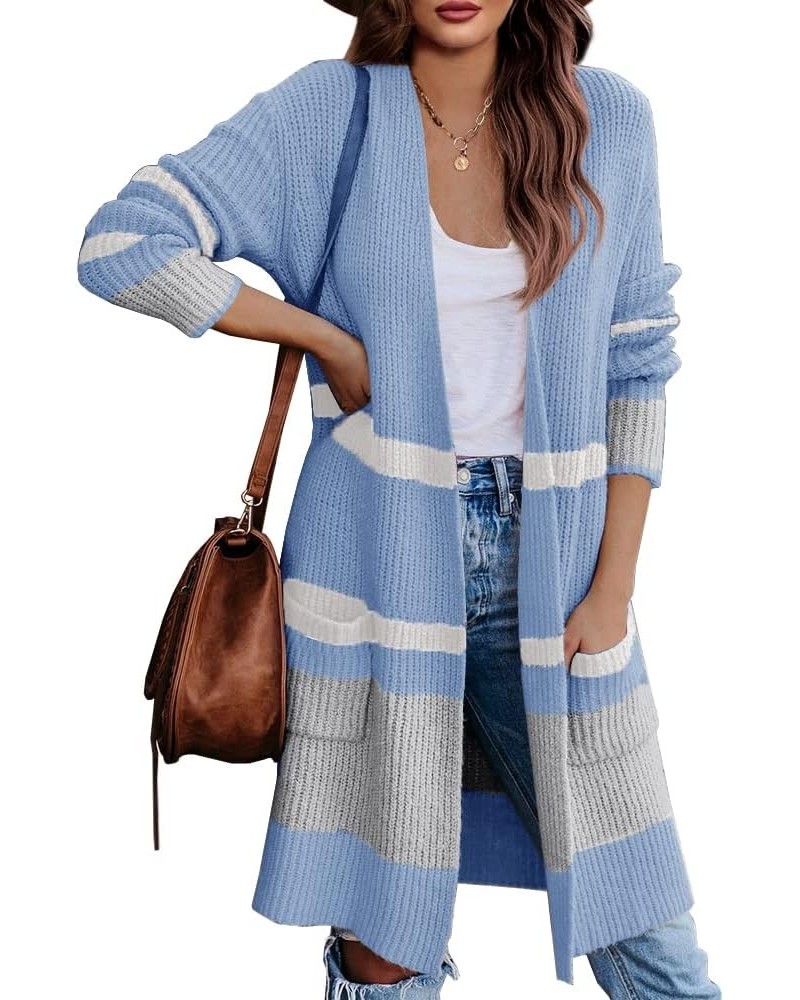 Lovaru Womens Boho Open Front Cardigan Colorblock Long Sleeve Loose Knit Lightweight Sweaters Ze-blue $20.07 Sweaters