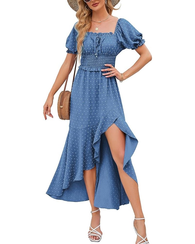 Women's Summer Square Neck Puff Sleeve Ruffle Maxi Dresses Boho Swiss Dot High Low Smocked Cocktail Dress Apricot XL X-Large ...