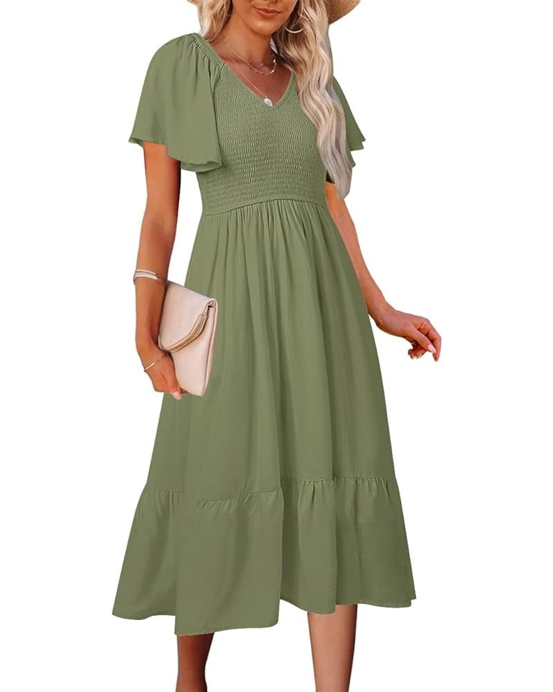 Women's Summer Casual V Neck Ruffle Sleeve Smocked High Waist Midi Dress with Pockets Grassgreen $20.09 Dresses