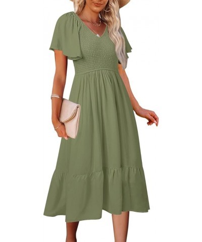 Women's Summer Casual V Neck Ruffle Sleeve Smocked High Waist Midi Dress with Pockets Grassgreen $20.09 Dresses