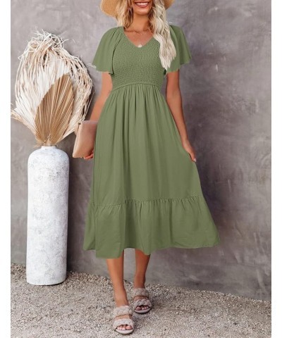 Women's Summer Casual V Neck Ruffle Sleeve Smocked High Waist Midi Dress with Pockets Grassgreen $20.09 Dresses