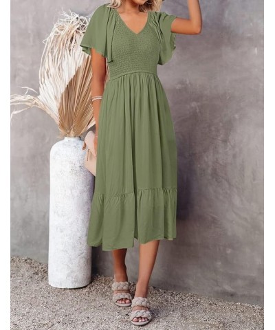 Women's Summer Casual V Neck Ruffle Sleeve Smocked High Waist Midi Dress with Pockets Grassgreen $20.09 Dresses