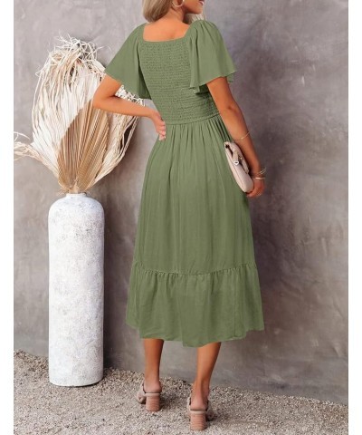 Women's Summer Casual V Neck Ruffle Sleeve Smocked High Waist Midi Dress with Pockets Grassgreen $20.09 Dresses