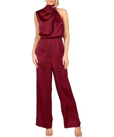 Women's Elegant Satin Sleeveless Mock Neck One-Shoulder Elastic Waist Casual Wide Leg Jumpsuit Romper Wine Red $22.95 Rompers