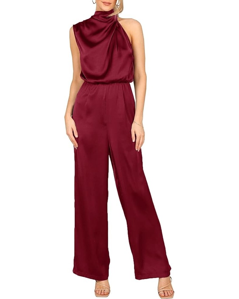 Women's Elegant Satin Sleeveless Mock Neck One-Shoulder Elastic Waist Casual Wide Leg Jumpsuit Romper Wine Red $22.95 Rompers