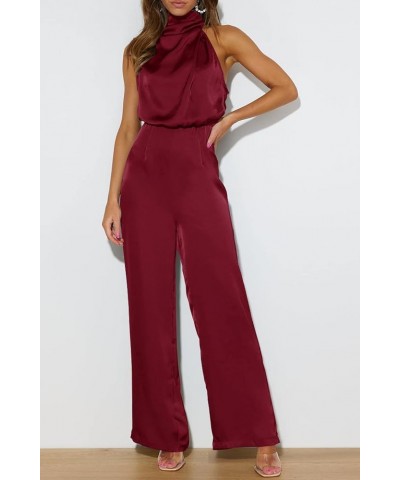 Women's Elegant Satin Sleeveless Mock Neck One-Shoulder Elastic Waist Casual Wide Leg Jumpsuit Romper Wine Red $22.95 Rompers