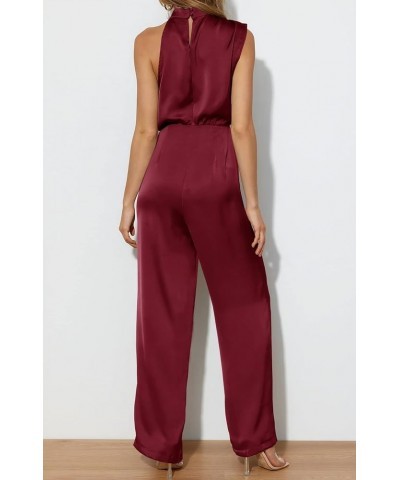 Women's Elegant Satin Sleeveless Mock Neck One-Shoulder Elastic Waist Casual Wide Leg Jumpsuit Romper Wine Red $22.95 Rompers