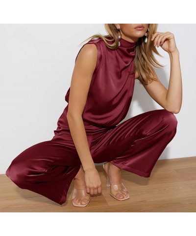 Women's Elegant Satin Sleeveless Mock Neck One-Shoulder Elastic Waist Casual Wide Leg Jumpsuit Romper Wine Red $22.95 Rompers