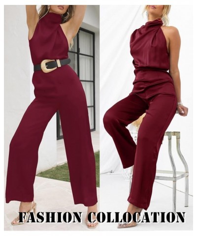 Women's Elegant Satin Sleeveless Mock Neck One-Shoulder Elastic Waist Casual Wide Leg Jumpsuit Romper Wine Red $22.95 Rompers