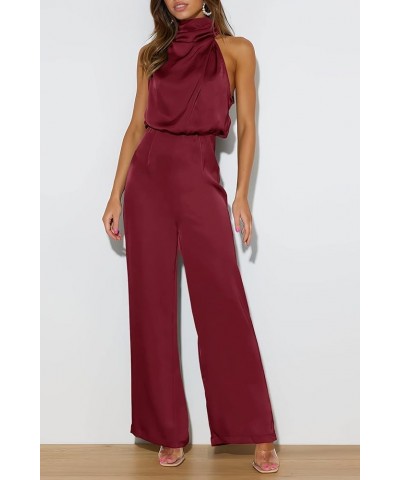 Women's Elegant Satin Sleeveless Mock Neck One-Shoulder Elastic Waist Casual Wide Leg Jumpsuit Romper Wine Red $22.95 Rompers