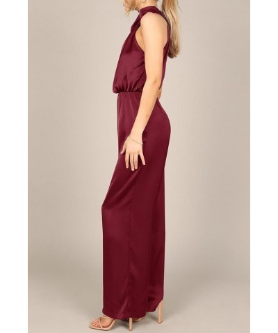 Women's Elegant Satin Sleeveless Mock Neck One-Shoulder Elastic Waist Casual Wide Leg Jumpsuit Romper Wine Red $22.95 Rompers