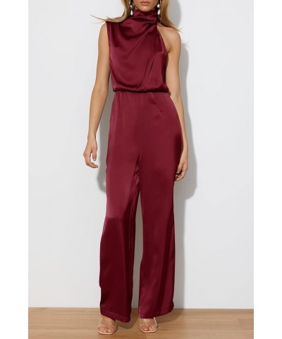 Women's Elegant Satin Sleeveless Mock Neck One-Shoulder Elastic Waist Casual Wide Leg Jumpsuit Romper Wine Red $22.95 Rompers