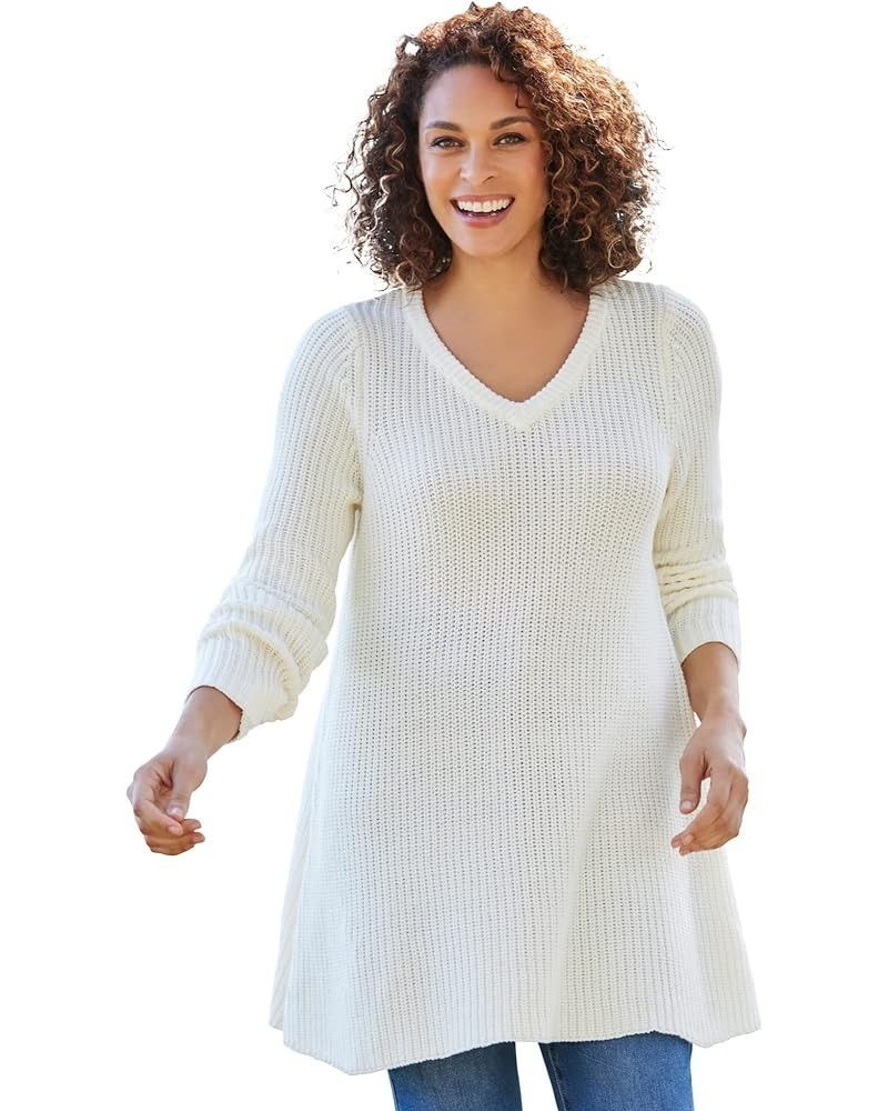 Women's Plus Size V-Neck Shaker Trapeze Sweater Ivory $19.05 Sweaters