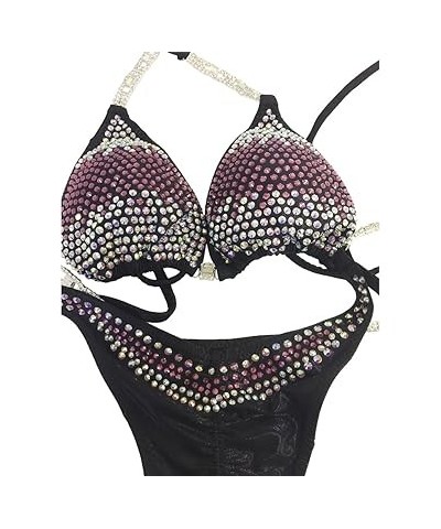 Competition Bikini Black with Rose Crystal Rhinestones Triangle Push Up Top Scrunched Butt Bikini (Small Hips 32"-34", C/D) m...