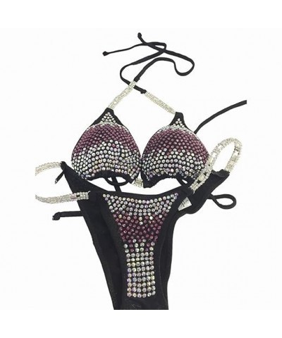 Competition Bikini Black with Rose Crystal Rhinestones Triangle Push Up Top Scrunched Butt Bikini (Small Hips 32"-34", C/D) m...