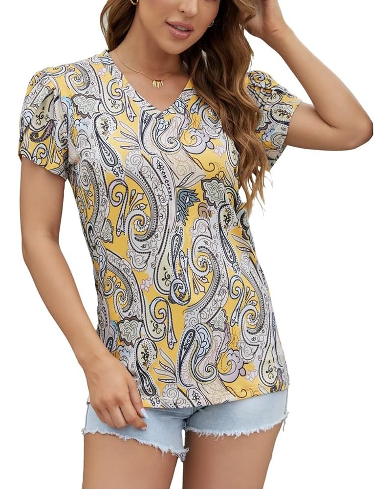 Womens Boho Casual Tops Floral Print V Neck Petal Short Sleeve Summer Shirts Yellow $8.99 T-Shirts