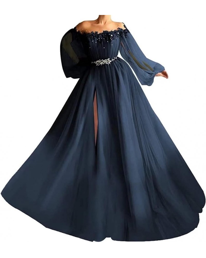 Woman's Off Shoulder A Line Prom Dress Vintage Beading Puffy Tulle Sleeve Formal Evening Gown with High Slit Navy Blue $38.06...