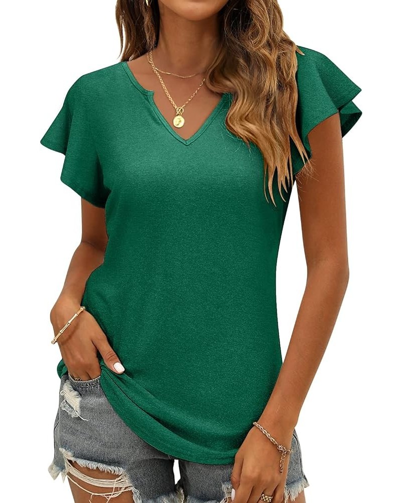 Women's Summer Casual Tops Ruffle Sleeve Blouse V Neck Solid Cute Tunic Shirt C-dark Green $9.53 Tops