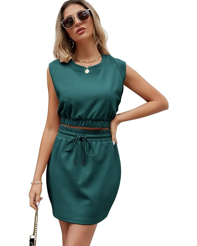 Women's Two Piece Outfits Summer Crop Top and Skirt Set Casual Cute Sleeveless Shirts Dress Sets Darkteal $16.79 Suits