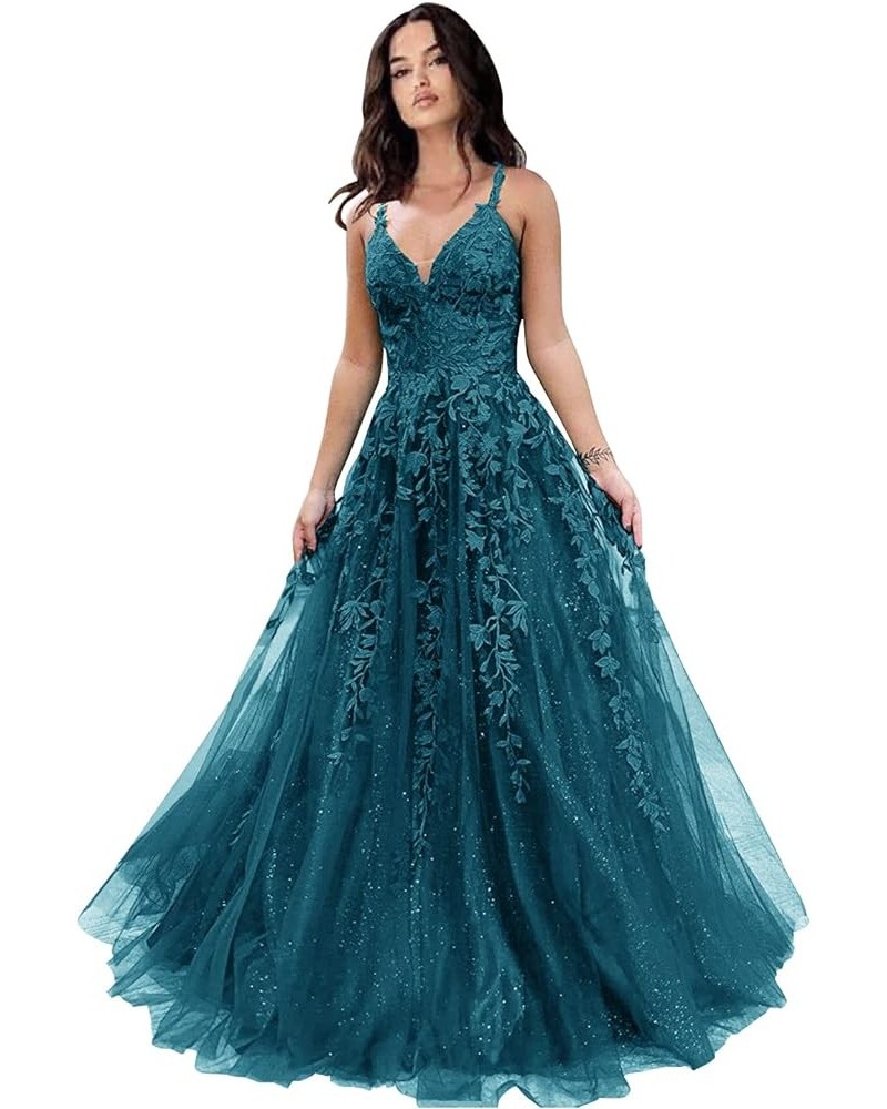 Glitter Tulle Prom Dresses Women Lace Appliques Long Ball Gwons with Spaghetti Straps A-Line Evening Dresses 2024 Peacock $50...