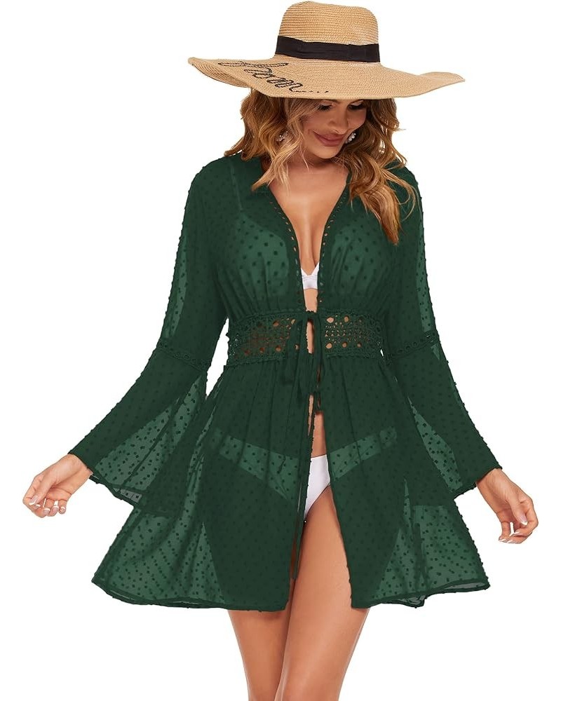 Women Cover Ups Swimwear Sexy Swiss Dot Chiffon Swimsuit Coverup Long Bell Sleeve Bikini Summer Beach Cover Up Cardigan Green...