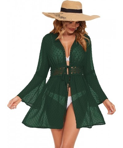 Women Cover Ups Swimwear Sexy Swiss Dot Chiffon Swimsuit Coverup Long Bell Sleeve Bikini Summer Beach Cover Up Cardigan Green...