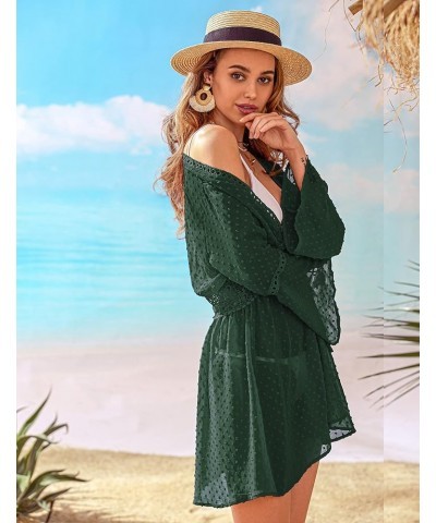 Women Cover Ups Swimwear Sexy Swiss Dot Chiffon Swimsuit Coverup Long Bell Sleeve Bikini Summer Beach Cover Up Cardigan Green...