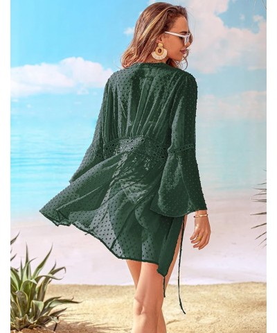 Women Cover Ups Swimwear Sexy Swiss Dot Chiffon Swimsuit Coverup Long Bell Sleeve Bikini Summer Beach Cover Up Cardigan Green...