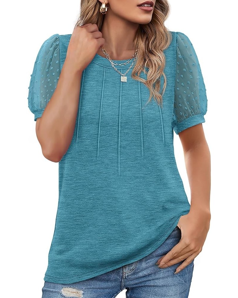 Womens Summer Tops Pleated Swiss Dot Puff Sleeve Crew Neck T Shirts Loose Casual S-3XL G-turquoise $13.24 T-Shirts