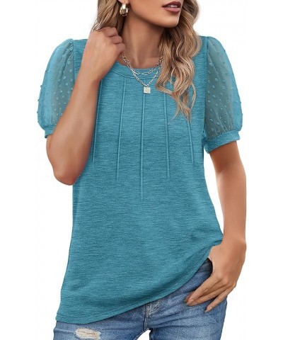 Womens Summer Tops Pleated Swiss Dot Puff Sleeve Crew Neck T Shirts Loose Casual S-3XL G-turquoise $13.24 T-Shirts