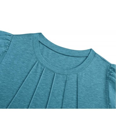 Womens Summer Tops Pleated Swiss Dot Puff Sleeve Crew Neck T Shirts Loose Casual S-3XL G-turquoise $13.24 T-Shirts