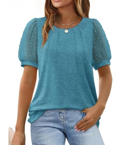 Womens Summer Tops Pleated Swiss Dot Puff Sleeve Crew Neck T Shirts Loose Casual S-3XL G-turquoise $13.24 T-Shirts