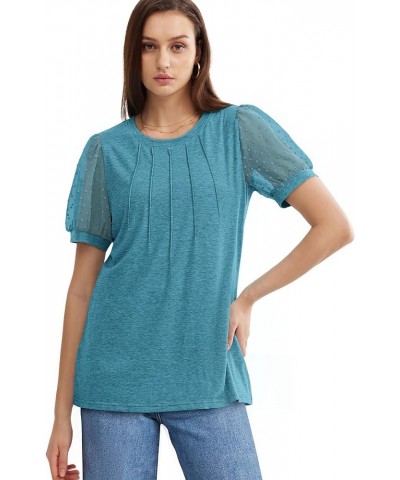 Womens Summer Tops Pleated Swiss Dot Puff Sleeve Crew Neck T Shirts Loose Casual S-3XL G-turquoise $13.24 T-Shirts