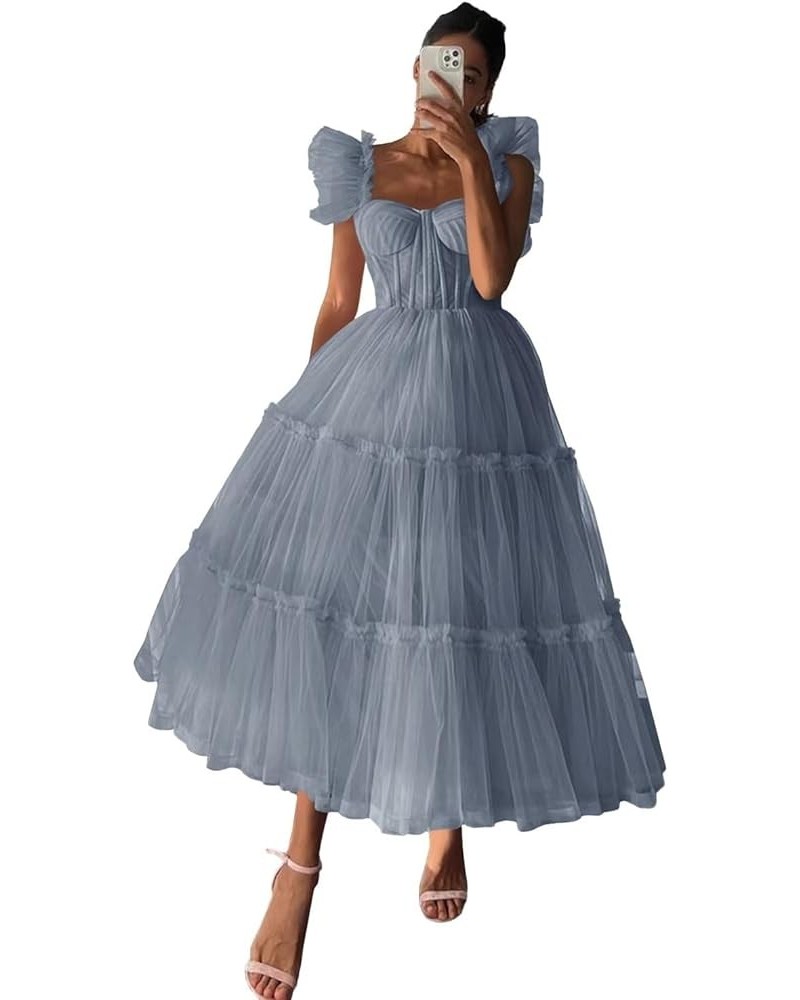 Women's Ruffle Sleeve Tiered Prom Dress Tulle Short Tea-Length Formal Evening Party Gowns B-dusty Blue $38.24 Dresses