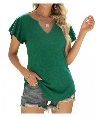 Women's Summer Casual Tops Ruffle Sleeve Blouse V Neck Solid Cute Tunic Shirt C-dark Green $9.53 Tops