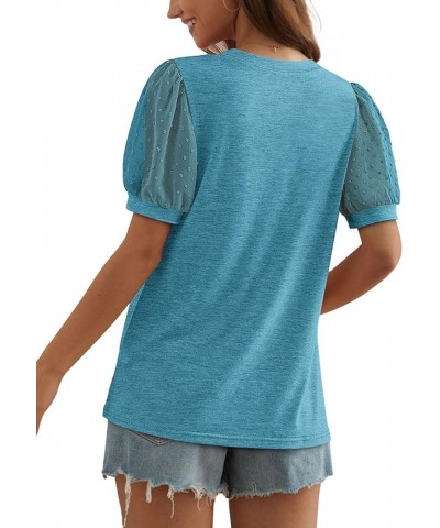 Womens Summer Tops Pleated Swiss Dot Puff Sleeve Crew Neck T Shirts Loose Casual S-3XL G-turquoise $13.24 T-Shirts