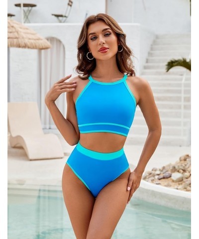 Womens Halter High Waisted Bikini Sets Color Block Sporty Swimsuit Two Piece High Cut Bathing Suit 2024 Blue $18.86 Swimsuits