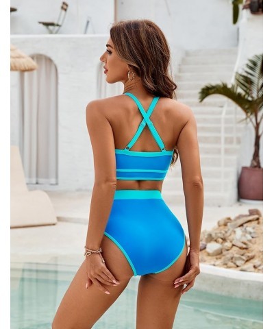 Womens Halter High Waisted Bikini Sets Color Block Sporty Swimsuit Two Piece High Cut Bathing Suit 2024 Blue $18.86 Swimsuits