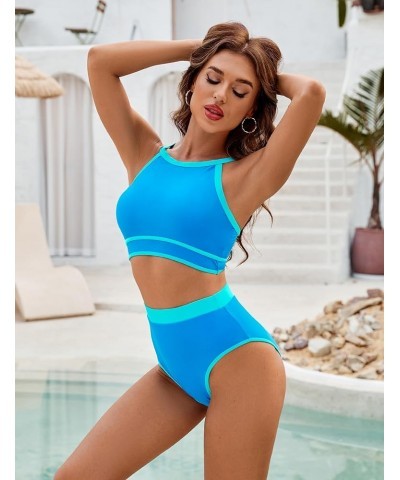 Womens Halter High Waisted Bikini Sets Color Block Sporty Swimsuit Two Piece High Cut Bathing Suit 2024 Blue $18.86 Swimsuits