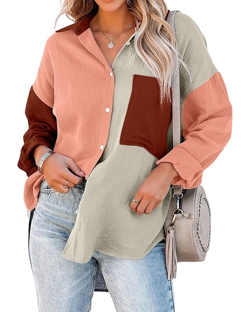 Women Cotton Shirt Color Block/Solid Color Oversized Button-Down Pocket Long Sleeve Top Loose Blouse B-coral Wine $16.23 Blouses